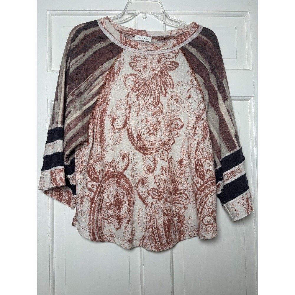 Bucket List Women's S Brown & Cream Paisley Style Print Wide Sleeves Soft Boho